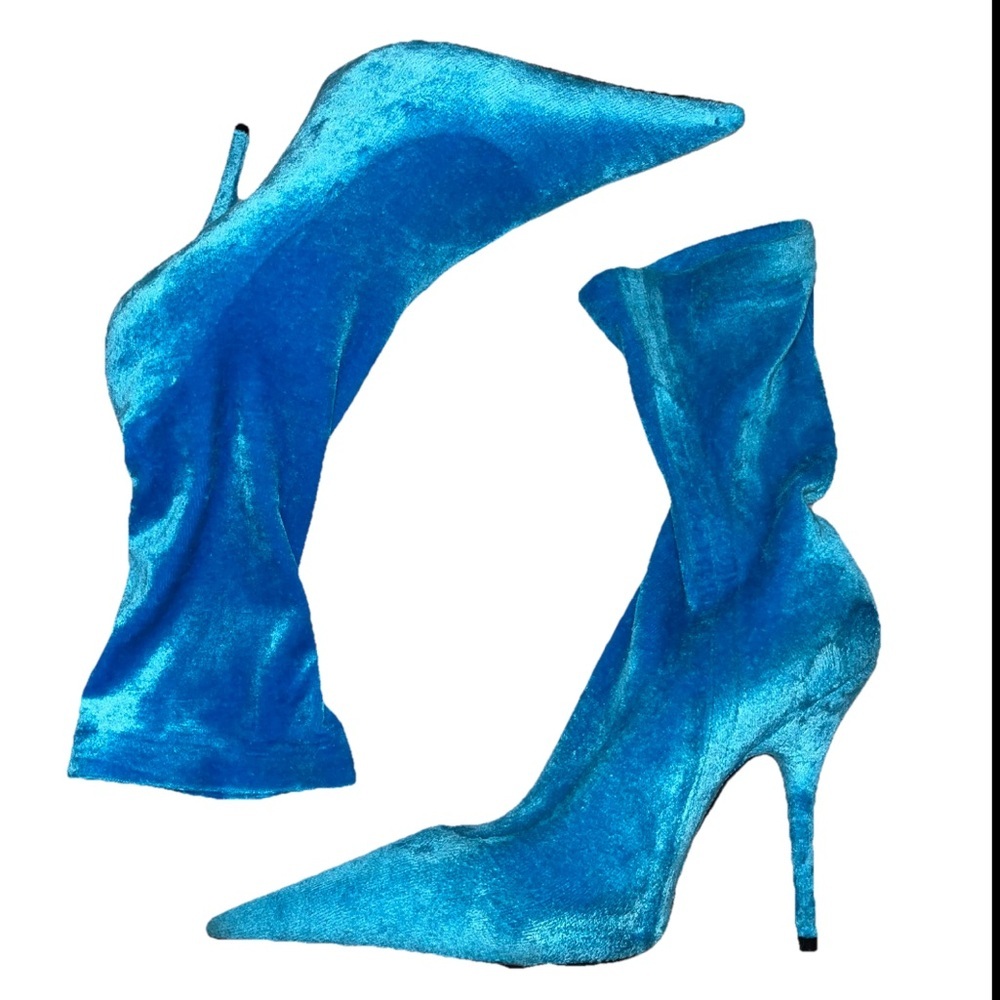 BALENCIAGA Knife Sock Boots Aqua Blue Velvet EU 38.5 US 8 Pointed Heels NWOB ⚪️ - Picture 6 of 12